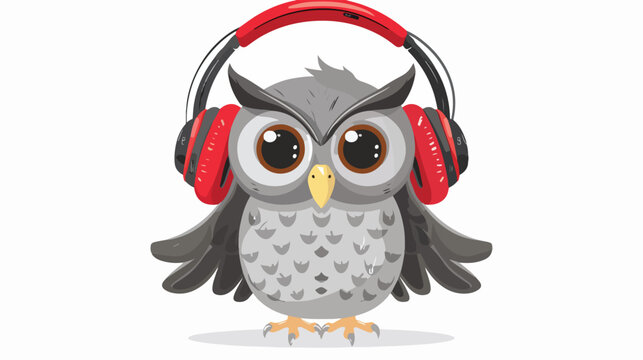 Gray cartoon owl with red headphones on a white background