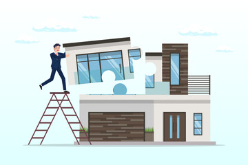 Smart businessman put jigsaw to complete or finishing house puzzle, plan to buying new house or renovation, mortgage loan or housing expense, property maintenance or real estate insurance (Vector)