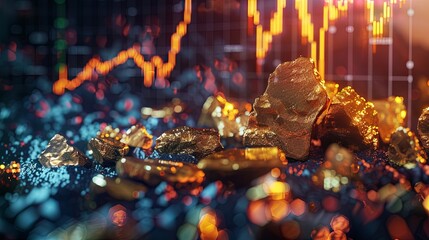 gold market investment, 3D illustration of gold ingots over black background with a chart. Financial concept, horizontal image. Risk Management.