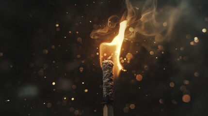 A single match ignites, its flame casting a warm glow amidst a dark, bokeh background. - obrazy, fototapety, plakaty