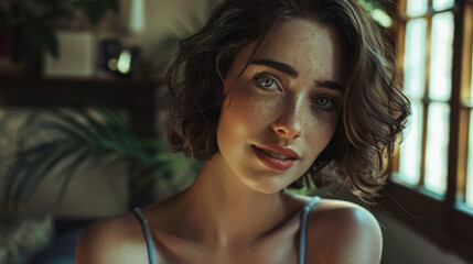 Fototapeta premium Young woman portrait at her home