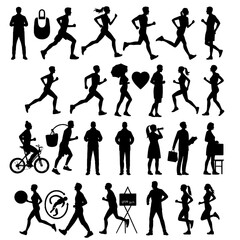 set of silhouettes of people activity