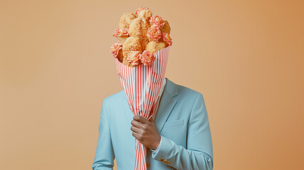 A man holds a bouquet of flowers made from fried chicken.