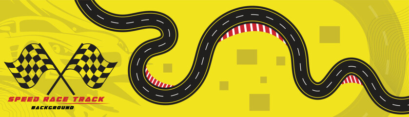 Creative vector illusion of race track isolated on yellow background. Speed race track background design with sport car.