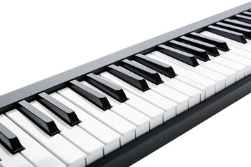 A detailed view of a piano keyboard, showing black and white keys arranged in a linear pattern. Isolated on a Transparent Background PNG.