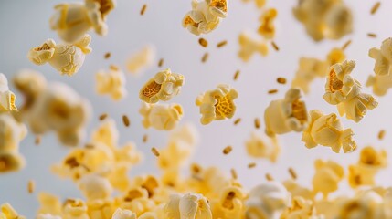 Fototapeta na wymiar A dynamic close-up of popcorn kernels popping in mid-air against a neutral background.