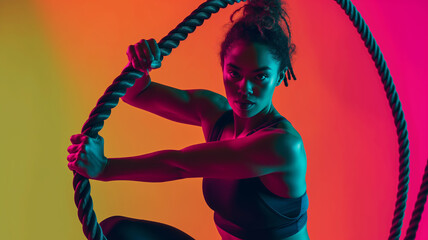 Athlete woman wearing gym costume, in a Rope Training 