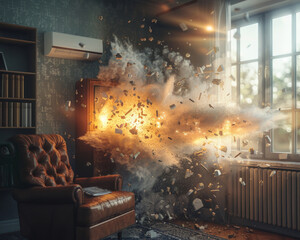 Dramatic contrast between a peaceful room and the violent explosion of a broken air conditioner, illustrating sudden disaster. - obrazy, fototapety, plakaty