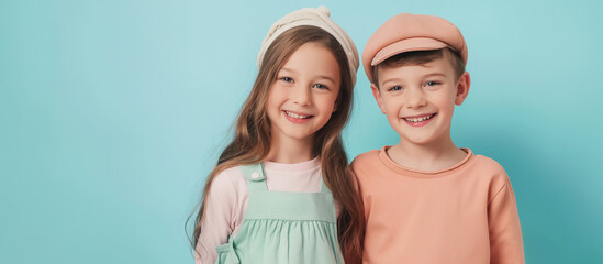 boy and girl in pastel colors, wearing pastel costume,  happy back to school children. 