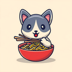 cute cartoon cat eating noodle vector illustration for graphic. Generative AI