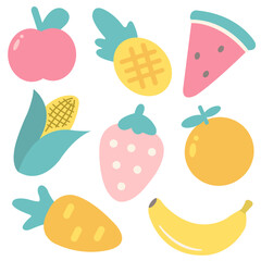 Fruit and vegetable collection in flat hand drawn style. Apple, Pine apple, Watermelon, Corn, Strawberry, Orange, Carrot and Banana.