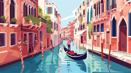 Narrow canal with gondola in Venice Italy. Architectu