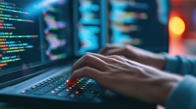 Close-up of a programmer's hands typing on a backlit keyboard, with lines of code displayed across multiple computer screens. AIG41