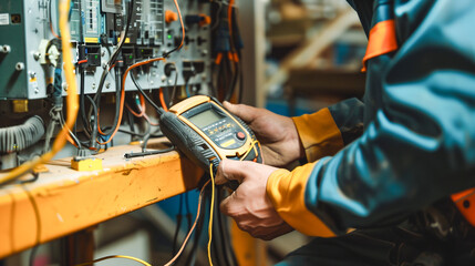 Electrician engineer with multimeter install and maintain electrical power cables in cabinet. - obrazy, fototapety, plakaty