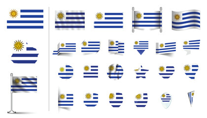 set of Uruguay flag, flat Icon set vector illustration. collection of national symbols on various objects and state signs. flag button, waving, 3d rendering symbols - obrazy, fototapety, plakaty