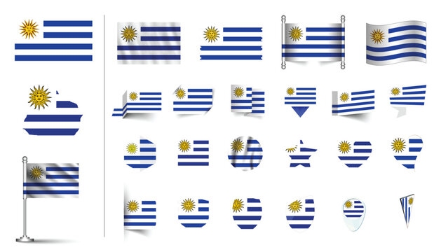set of Uruguay flag, flat Icon set vector illustration. collection of national symbols on various objects and state signs. flag button, waving, 3d rendering symbols
