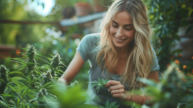 Young woman picking a cannabis branch for use