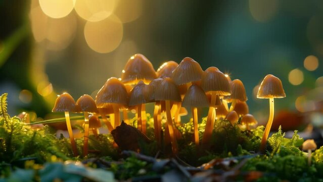 A group of tiny mushrooms their caps aglow with sunlight and creating a scene reminiscent of a fairytale.