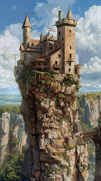An enchanting castle perched precariously on a vertiginous cliff, overlooking the vast, serene landscape below