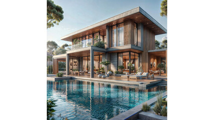 a house with a swimming pool in front of it, a digital rendering , shutterstock contest winner, photorealism, vray tracing, behance hd, high dynamic range