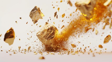 Close-up of exploding golden nugget fragments with dynamic motion effect.