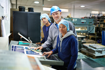 Portrait, team and work with machine in factory for printing industry or manufacturing business for...