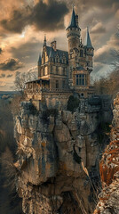 A castle basking in the golden sunlight, perched atop a steep cliff, offering a view of autumnal forest