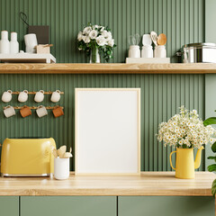 Mockup poster frame in kitchen interior on empty green color wall background - 768484778