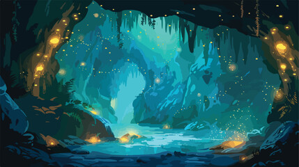 Magical fantasy cave with glowing lights flat vector 