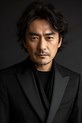 Portrait of a handsome asian man in black suit on black background