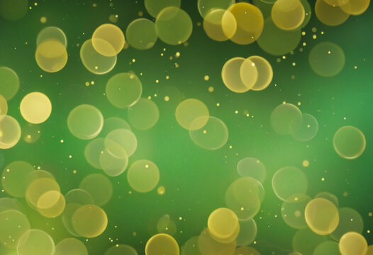Abstract blurred festive background in gold and green colors with bokeh lights colorful background