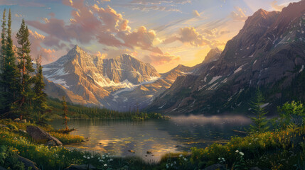 An awe-inspiring view of a serene mountain landscape basking in the warm glow of a sunrise, with snowy peaks reflecting in a calm lake