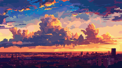 Majestic view of cumulus clouds floating over city  - obrazy, fototapety, plakaty