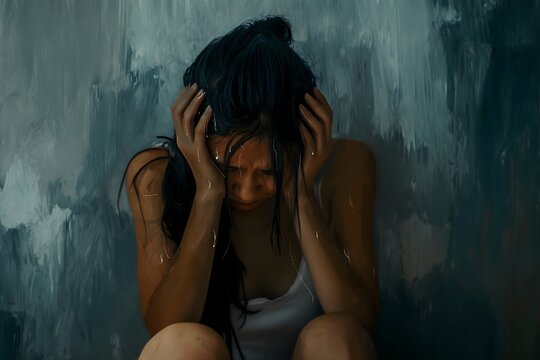 Woman sitting on the floor and crying. Depression and Anxiety Concept.