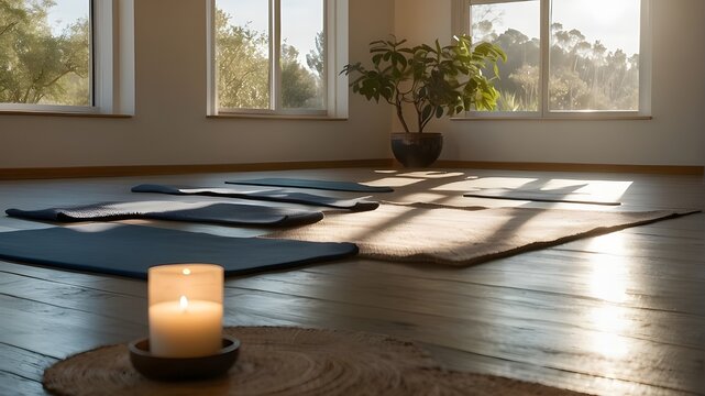 A serene yoga studio bathed in soft morning light, inviting relaxation and mindfulness for World Health Day