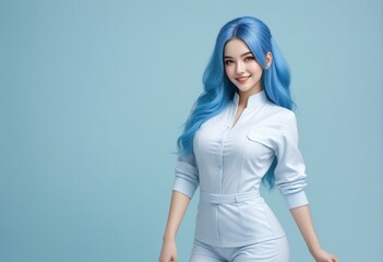 Beautiful asian woman with blue hair on blue background, asian model