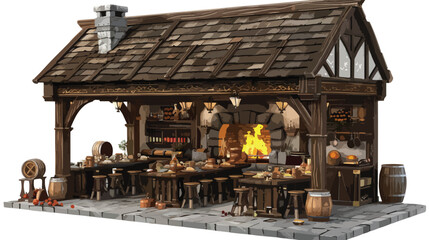 Medieval inn or tavern interior with tables of food 