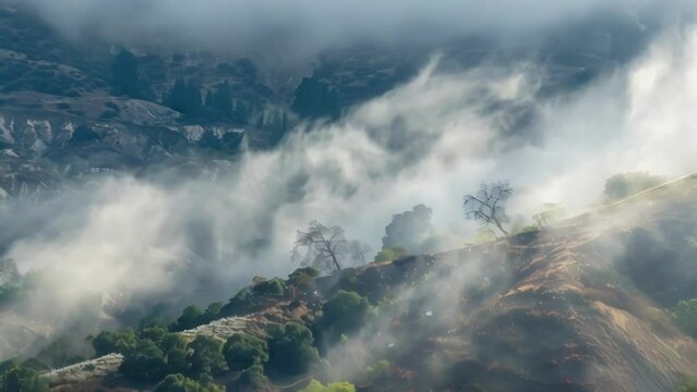 A dense fog rolling in concealing the gradual destruction caused by the silent and relentless movements of the nearby mudslides.