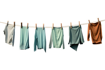 Clothes hanging on a taut clothesline, swaying gently in the breeze. The articles of clothing include shirts, pants, and socks, varying in colors and sizes. Isolated on a Transparent Background PNG. - obrazy, fototapety, plakaty