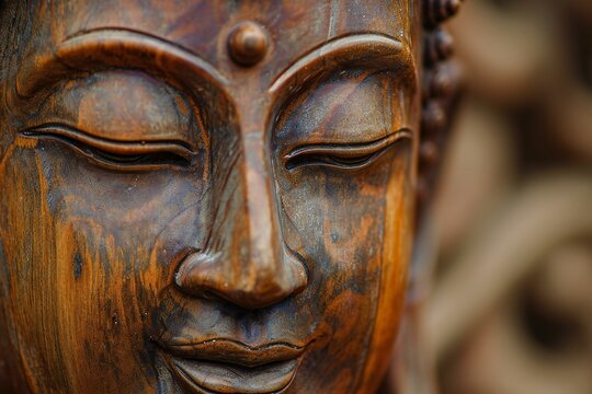 Wooden face of buddha statue, closeup of photo