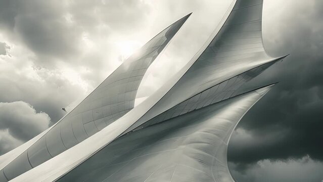 Sweeping curves of billowy sails cascading against a cloudy sky evoking a peaceful yet powerful image of sailing against the elements.