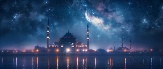 Ramadan Kareem background with mosque and moon in a traditional Islamic style, suitable for holiday greetings and cultural events.