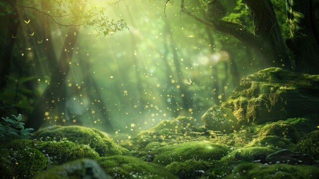 Enchanted forest with mossy stones and mystical aura