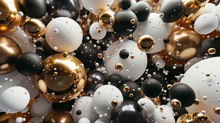 Dynamic 3D Arrangement. A striking 3D render showcasing a cluster of abstract spheres and solids in gold, white, and black, creating a visually dynamic composition.