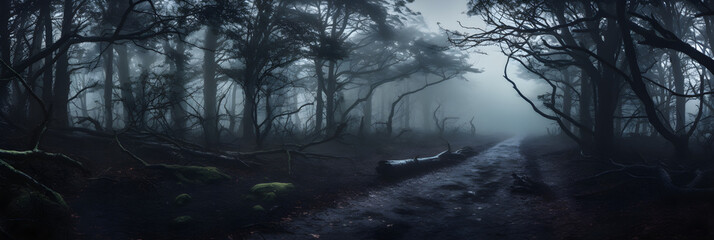 Mysterious Eerie Forest under the Menacing Overcast Sky - A Scene from the Nightmare or Fairy Tales