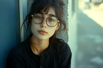 Fototapeta na wymiar Portrait of a beautiful girl in glasses and a black T-shirt