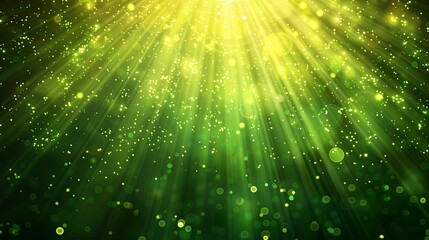 Asymmetric green light burst, abstract beautiful rays of lights on dark green background with the color yellow, golden sparkling. Defocused Christmas tree. Defocused Lights. Christmas tree background