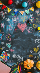 Naklejka premium Chalkboard with vibrant chalk drawings and classroom supplies on a wooden desk, learning concept