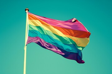 Rainbow flag waving in the wind on blue sky background, vintage toned