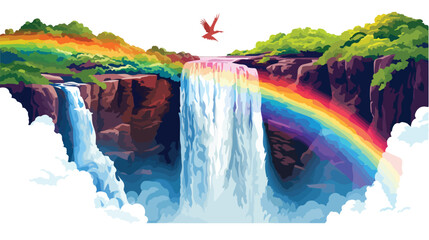 Waterfall in Kauai With Rainbow and Bird Overhead 